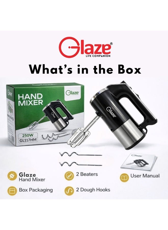 جليز خلاط يدوي 250 واط، خلاط كهربائي بخمس سرعات مع مضارب من الفولاذ المقاوم للصدأ وخطافات للعجين، خلاط مطبخ خفيف الوزن للخبز - Image 5